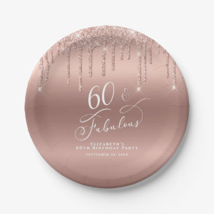 Rose Gold Glitter 60th Birthday Party Paper Plates