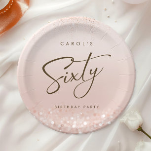 Rose Gold Glitter 60th Birthday Party Round Paper Plates