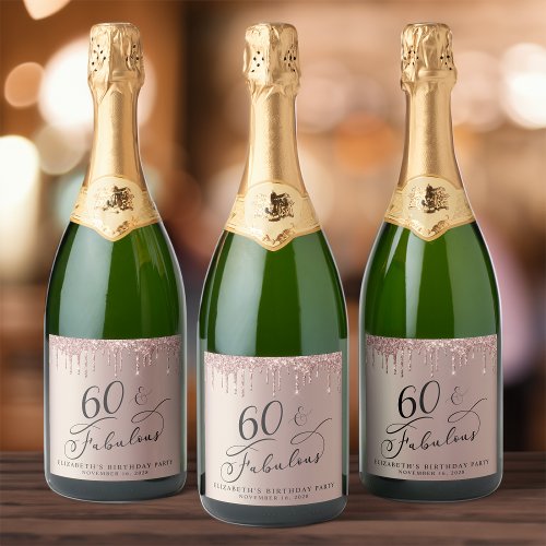Rose Gold Glitter 60th Birthday Party Sparkling Wine Label