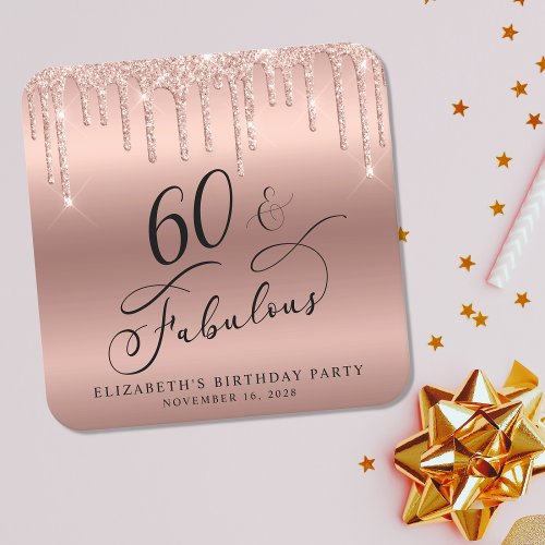 Rose Gold Glitter 60th Birthday Party Square Paper Coaster