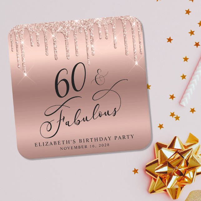 Rose Gold Glitter 60th Birthday Party Square Paper Coaster (Creator Uploaded)