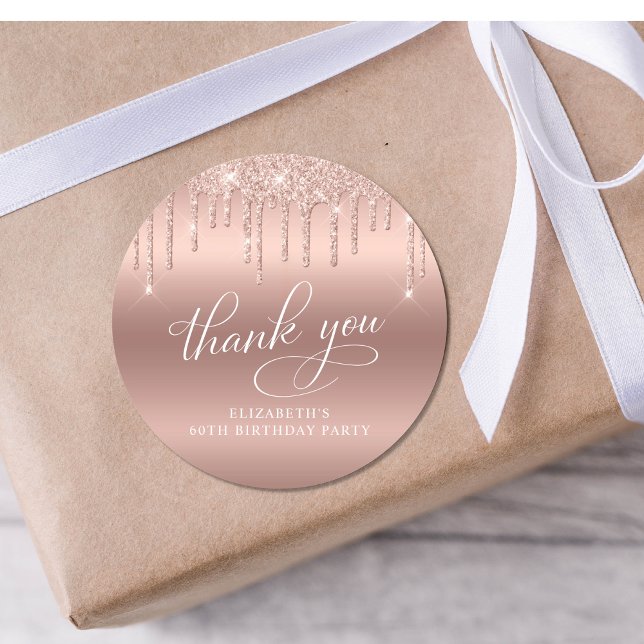 Rose Gold Glitter 60th Birthday Party Thank You Classic Round Sticker (Creator Uploaded)
