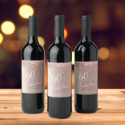 Rose Gold Glitter 60th Birthday Party Wine Label