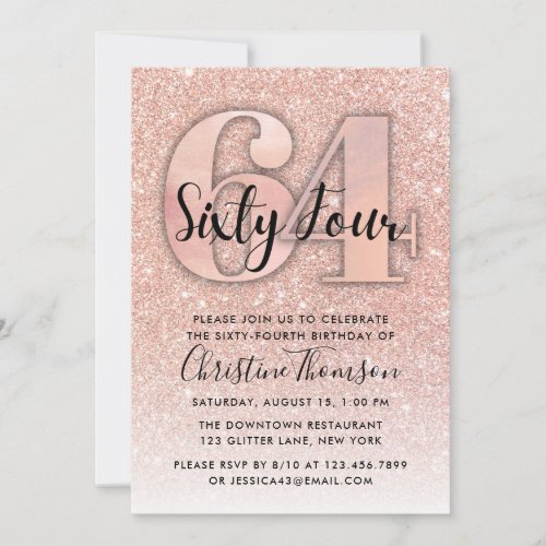 Rose Gold Glitter 64th Birthday Invitation