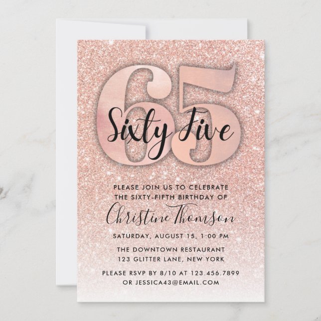 Rose Gold Glitter 65th Birthday Invitation (Front)