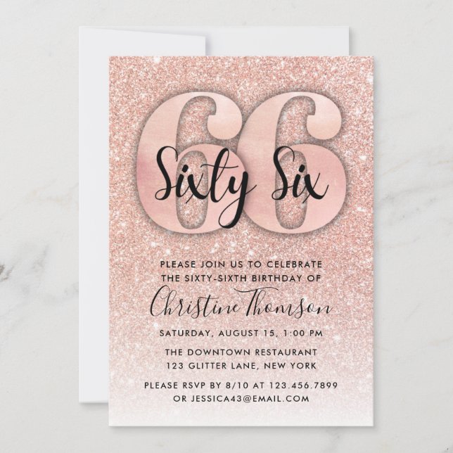 Rose Gold Glitter 66th Birthday Invitation (Front)