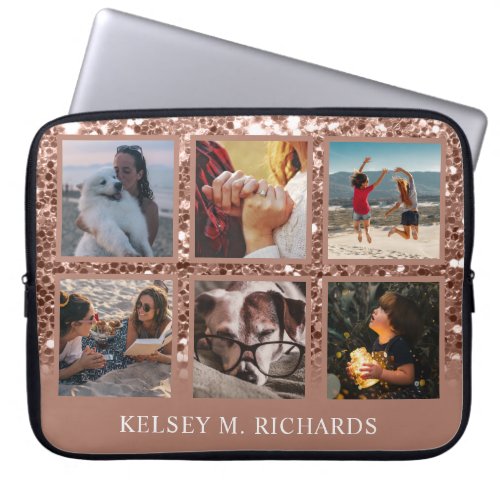 Rose Gold Glitter 6 Photo Collage with Name Laptop Sleeve