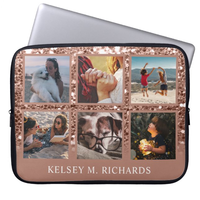 Rose Gold Glitter 6 Photo Collage with Name Laptop Sleeve (Front)
