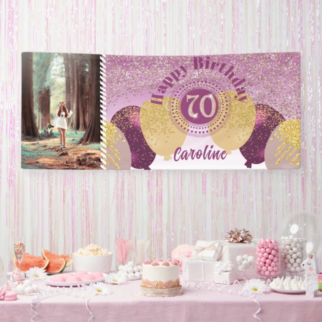 Rose Gold Glitter 70th Birthday & Balloons  Banner (Party)