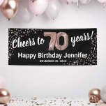 Rose Gold Glitter 70th Birthday Banner<br><div class="desc">Elegant seventieth birthday party banner featuring a stylish black background that can be changed to any color,  rose gold sparkly glitter,  seventy rose gold hellium balloons,  and a modern 70th birthday celebration text template that is easy to personalize.</div>
