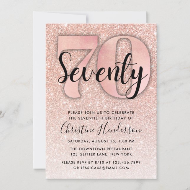 Rose Gold Glitter 70th Birthday Invitation (Front)