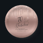 Rose Gold Glitter 70th Birthday Party Paper Plates<br><div class="desc">Elegant and chic personalized 70th birthday party paper plates featuring "70 & Fabulous" in a stylish script,  a rose gold background and rose gold faux glitter. You can personalize with her name and date of the party.</div>