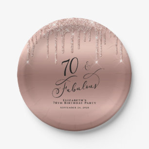 Rose Gold Glitter 70th Birthday Party Paper Plates
