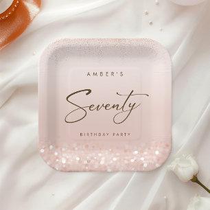 Rose Gold Glitter 70th Birthday Party Paper Plates