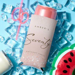 Rose Gold Glitter 70th Birthday Party Seltzer Can Cooler