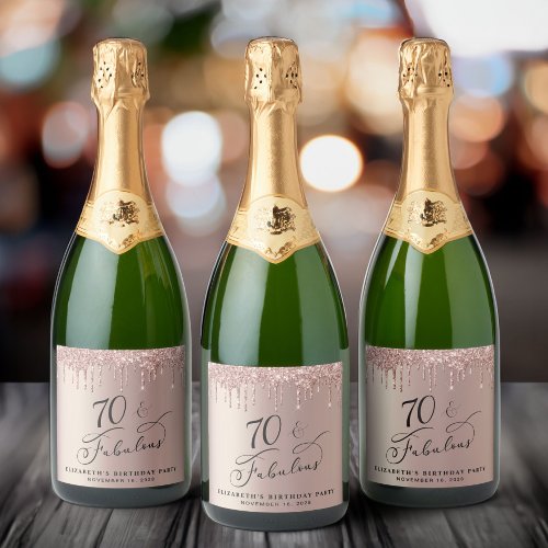 Rose Gold Glitter 70th Birthday Party  Sparkling Wine Label