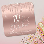 Rose Gold Glitter 70th Birthday Party Square Paper Coaster<br><div class="desc">Chic custom coasters for her 70th birthday party featuring "70 & Fabulous" in a white calligraphy script,  a rose gold faux foil background and dripping rose gold faux glitter. Perfect for table decor that guests can take home as a souvenir party favor.</div>