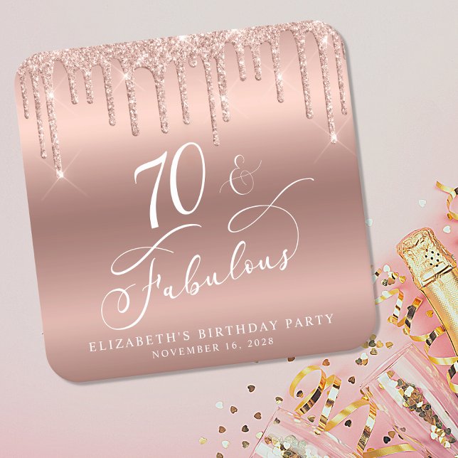 Rose Gold Glitter 70th Birthday Party Square Paper Coaster (Creator Uploaded)