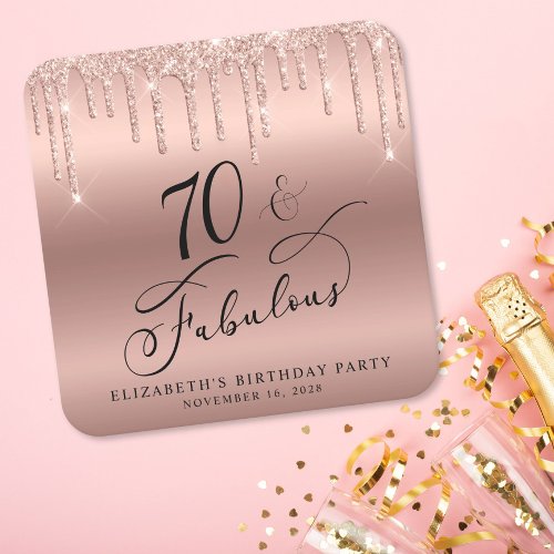 Rose Gold Glitter 70th Birthday Party Square Paper Coaster