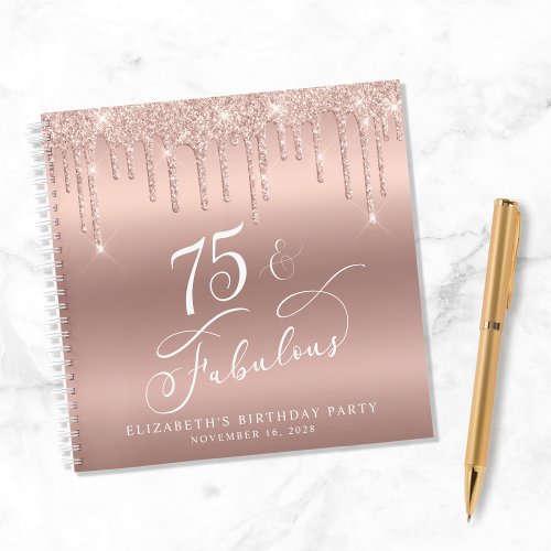Rose Gold Glitter 75th Birthday Party Guest Book