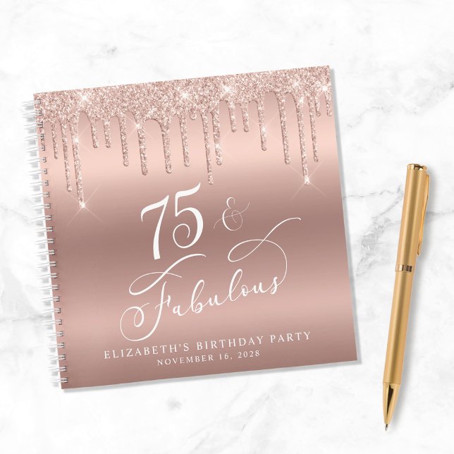 Rose Gold Glitter 75th Birthday Party Guest Book (Creator Uploaded)