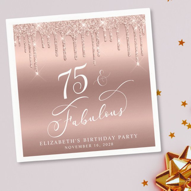 Rose Gold Glitter 75th Birthday Party Napkins (Creator Uploaded)