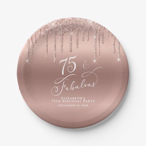 Rose Gold Glitter 75th Birthday Party Paper Plates