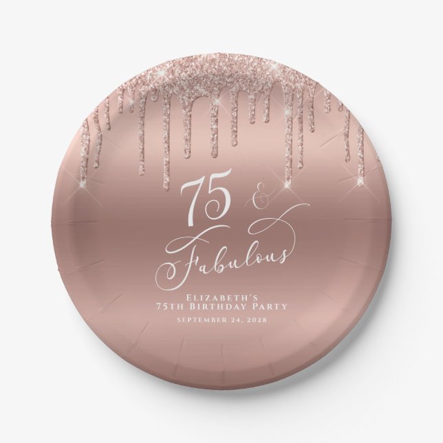 Rose Gold Glitter 75th Birthday Party Paper Plates (Front)