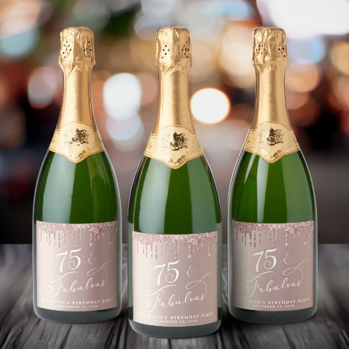 Rose Gold Glitter 75th Birthday Party Sparkling Wine Label