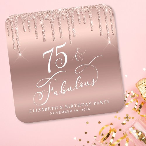 Rose Gold Glitter 75th Birthday Party Square Paper Coaster