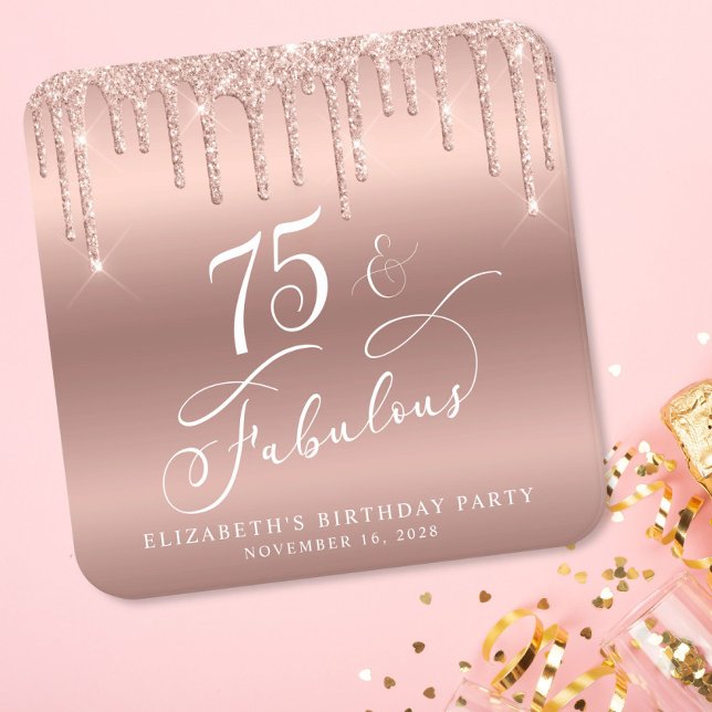 Rose Gold Glitter 75th Birthday Party Square Paper Coaster (Creator Uploaded)