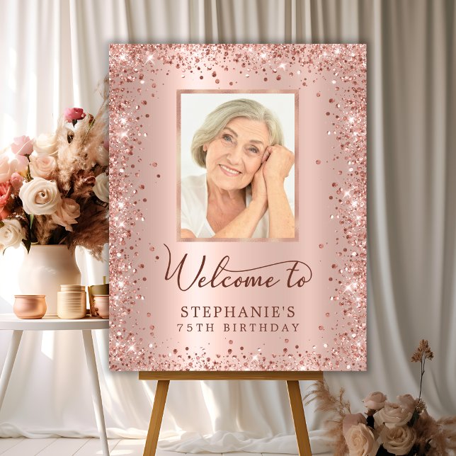 Rose Gold Glitter 75th Birthday Photo Welcome  Foam Board (Creator Uploaded)
