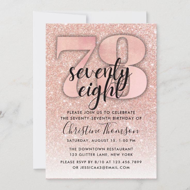 Rose Gold Glitter 78th Birthday Invitation | Zazzle