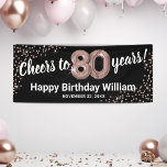 Rose Gold Glitter 80th Birthday Banner<br><div class="desc">Elegant eightieth birthday party banner featuring a stylish black background that can be changed to any color,  rose gold sparkly glitter,  eighty rose gold hellium balloons,  and a modern 80th birthday celebration text template that is easy to personalize.</div>