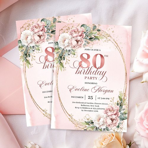 Rose Gold Glitter 80th Birthday Floral Invitation