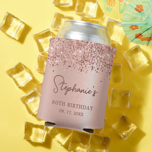 Rose Gold Glitter 80th Birthday Monogram Script  Can Cooler (In Situ Summer)