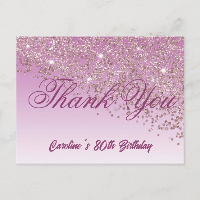 Rose Gold Glitter, 80th Birthday Thank You Postcard (Front)