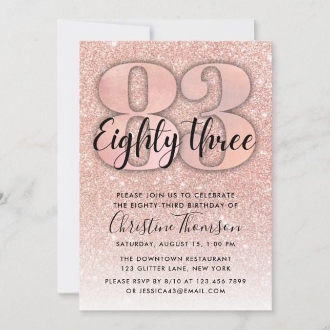 Rose Gold Glitter 83rd Birthday Invitation (Front)