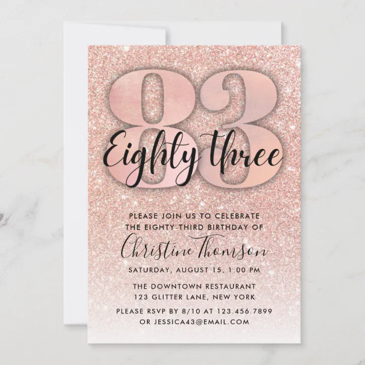 Rose Gold Glitter 83rd Birthday Invitation | Zazzle