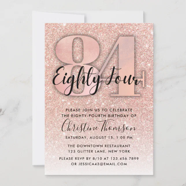 Rose Gold Glitter 84th Birthday Invitation | Zazzle