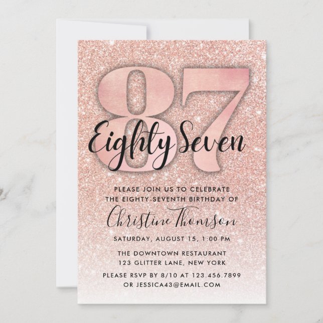Rose Gold Glitter 87th Birthday Invitation (Front)