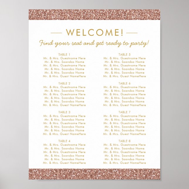 Rose Gold Glitter 8.5x11 Seating Chart 48 Names (Front)