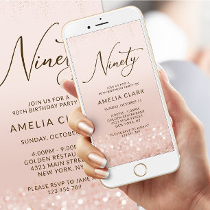 Rose Gold Glitter 90th Birthday Mobile Invitation