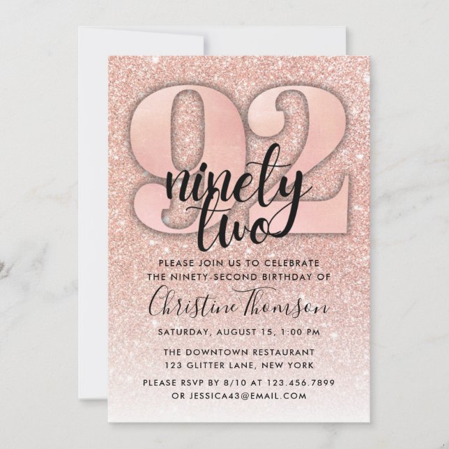 Rose Gold Glitter 92nd Birthday Invitation (Front)
