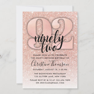 Rose Gold Glitter 92nd Birthday Invitation