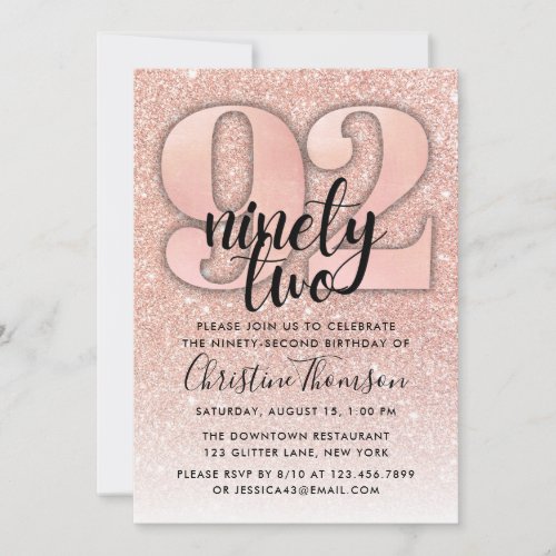 Rose Gold Glitter 92nd Birthday Invitation