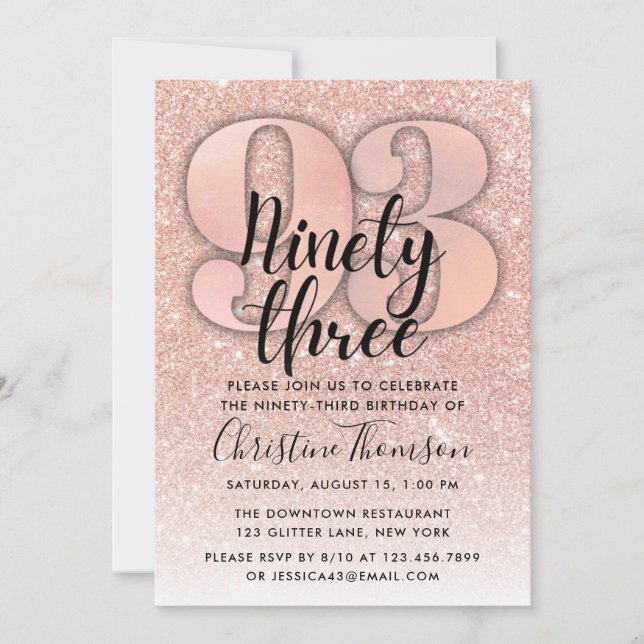 Rose Gold Glitter 93rd Birthday Invitation (Front)