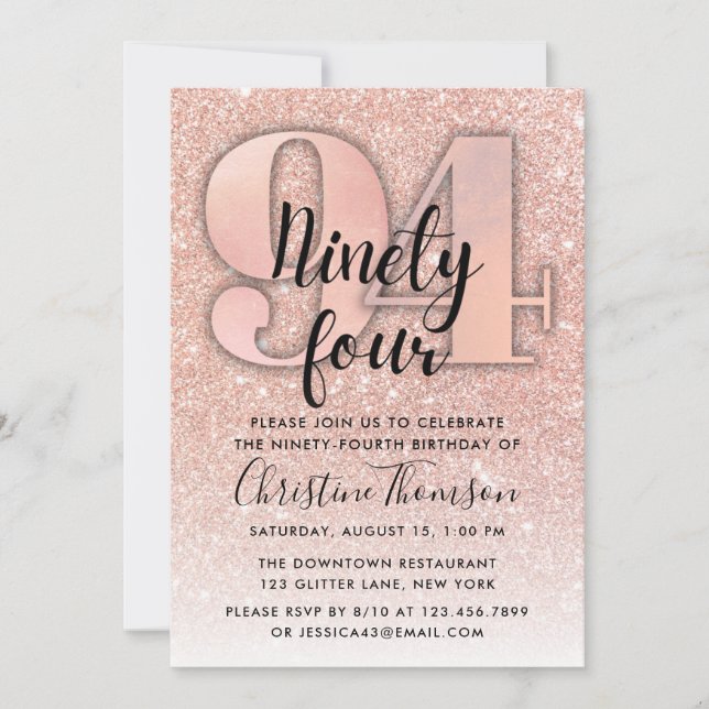 Rose Gold Glitter 94th Birthday Invitation (Front)
