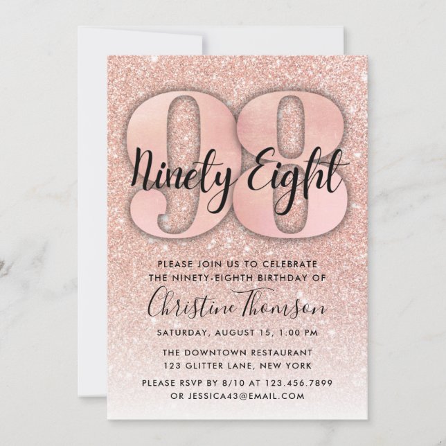 Rose Gold Glitter 98th Birthday Invitation (Front)