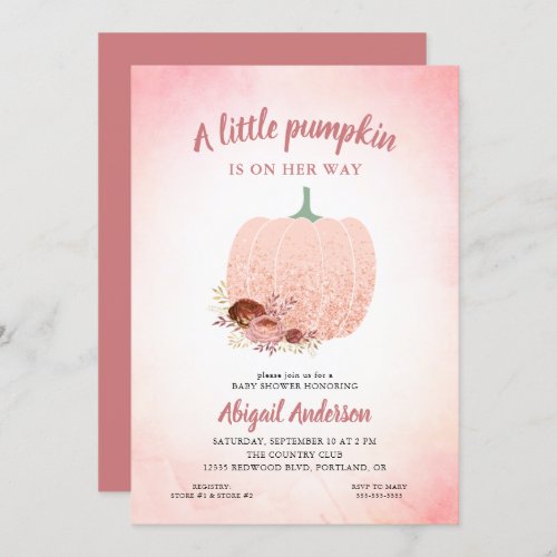 Rose Gold Glitter A Little Pumpkin Baby Shower Inv Invitation - This sweet baby shower invitation features a graphic of a pumpkin accented with watercolor flowers and rose gold glitter. This design is perfect for a fall baby shower.
